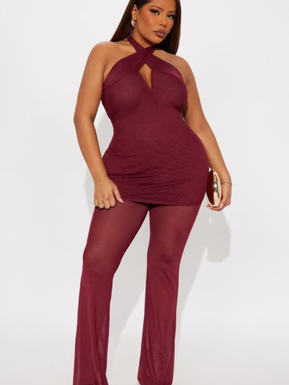 Maroon Cross-Neck Mesh Two-Piece Set